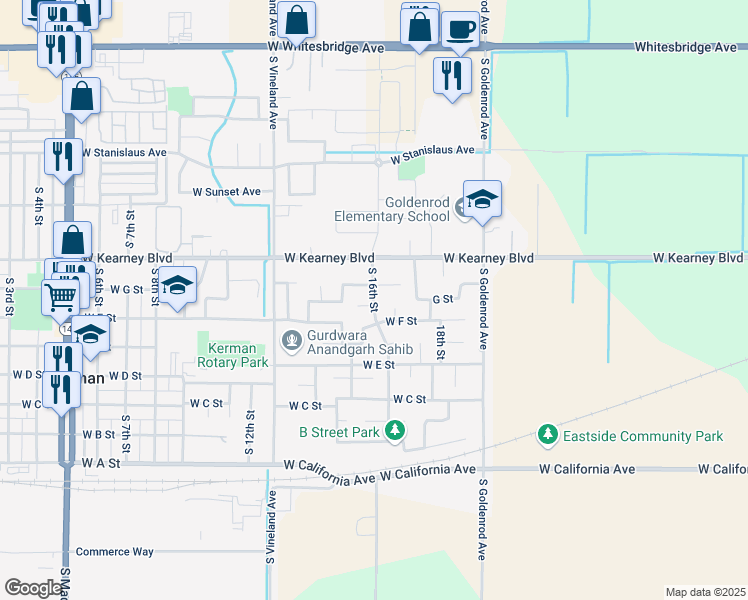 map of restaurants, bars, coffee shops, grocery stores, and more near 420 South 16th Street in Kerman