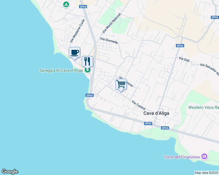 map of restaurants, bars, coffee shops, grocery stores, and more near 161 Via Tolstoj in Cava D'aliga