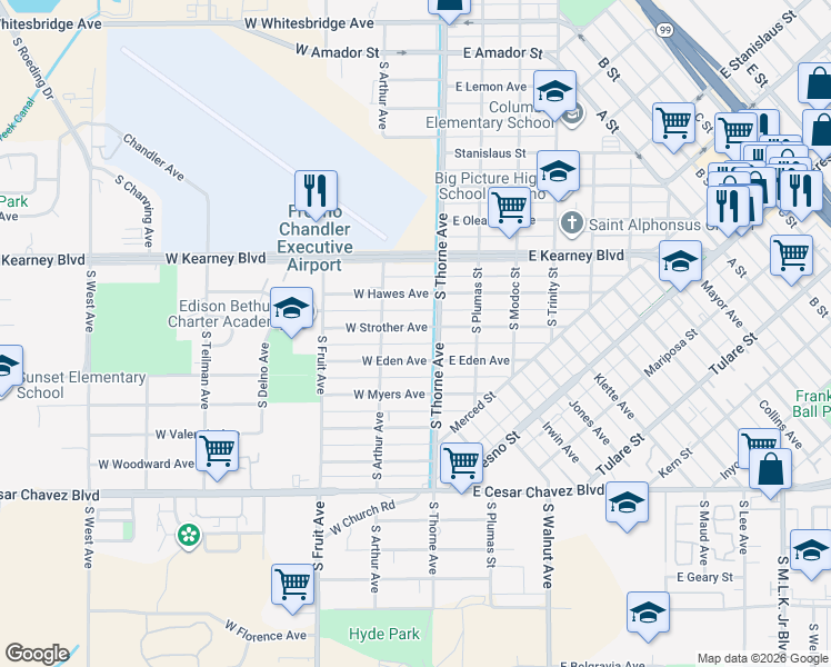 map of restaurants, bars, coffee shops, grocery stores, and more near 137 West Strother Avenue in Fresno