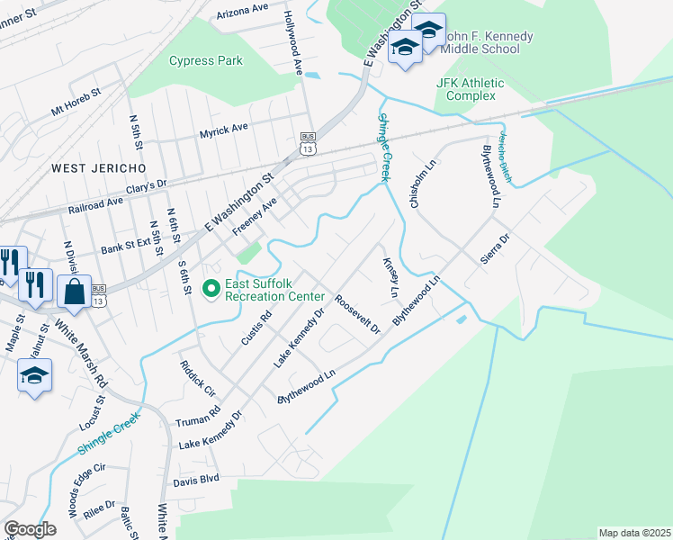 map of restaurants, bars, coffee shops, grocery stores, and more near 1205 Kennedy Drive in Suffolk