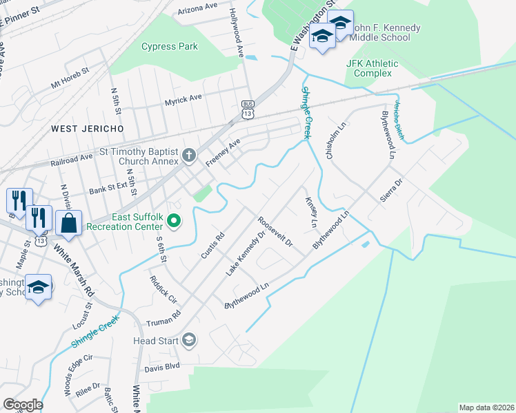 map of restaurants, bars, coffee shops, grocery stores, and more near 1200 Truman Road in Suffolk