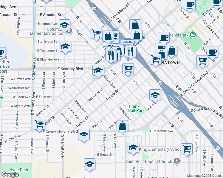 map of restaurants, bars, coffee shops, grocery stores, and more near 819 Tulare Street in Fresno