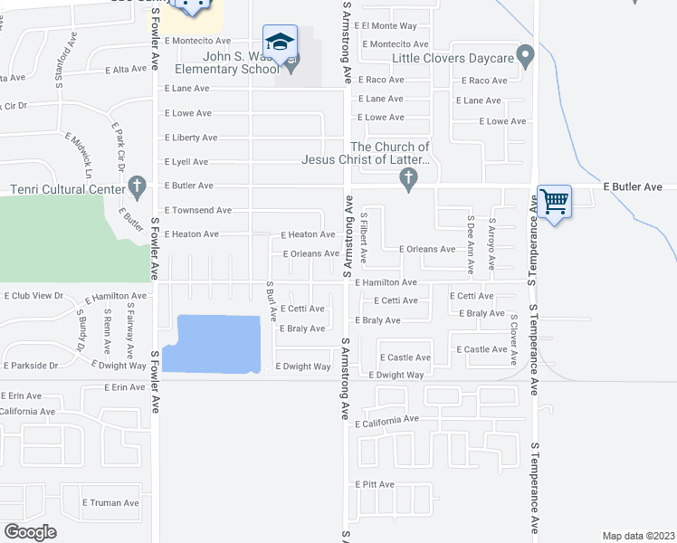 map of restaurants, bars, coffee shops, grocery stores, and more near 758 South Linda Lane in Fresno