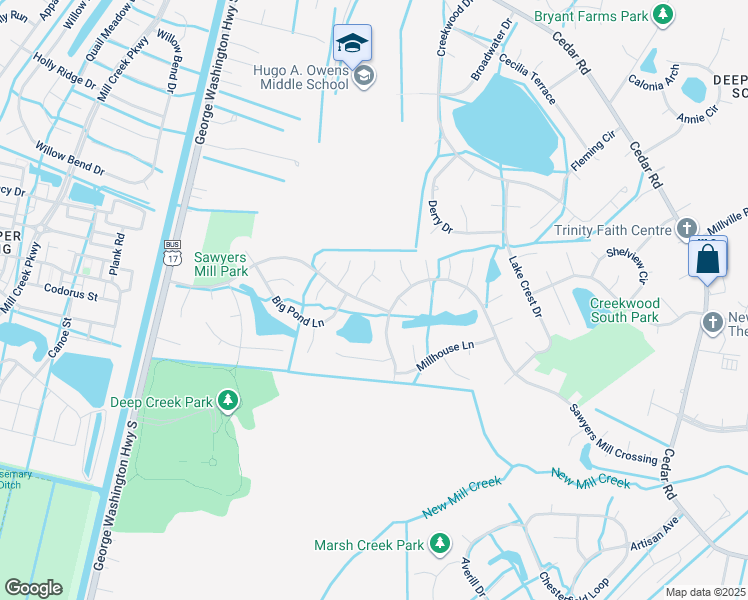 map of restaurants, bars, coffee shops, grocery stores, and more near 2704 Sawyers Arch in Chesapeake