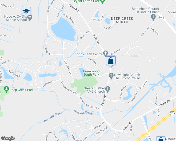 map of restaurants, bars, coffee shops, grocery stores, and more near 505 Lynnfield Road in Chesapeake