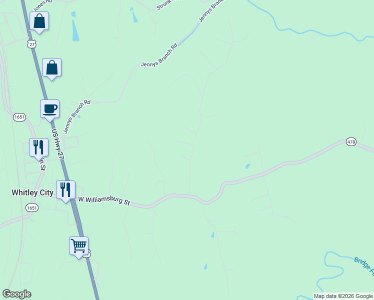 map of restaurants, bars, coffee shops, grocery stores, and more near Cr-1291A in Whitley City