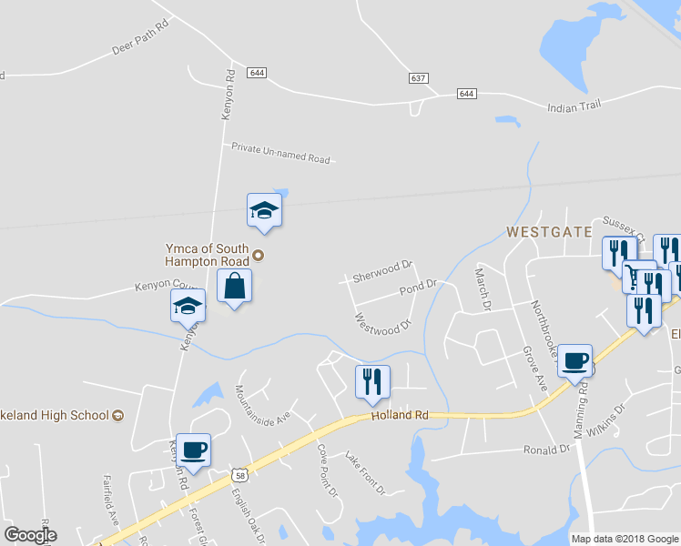 map of restaurants, bars, coffee shops, grocery stores, and more near 400 Sherwood Drive in Suffolk