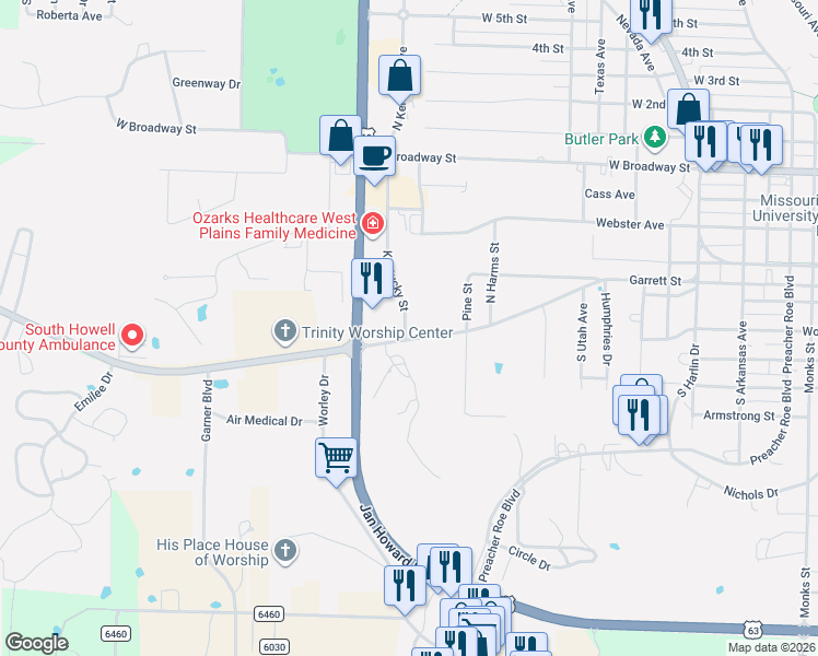map of restaurants, bars, coffee shops, grocery stores, and more near 1515 Pottersville Road in West Plains