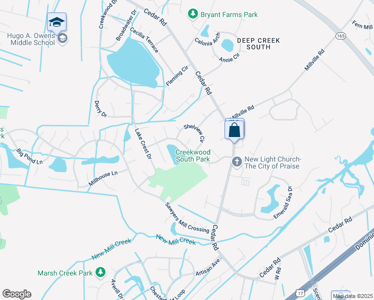 map of restaurants, bars, coffee shops, grocery stores, and more near 505 Lynnfield Road in Chesapeake