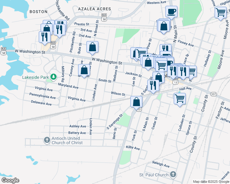 map of restaurants, bars, coffee shops, grocery stores, and more near 443 Wilson Street in Suffolk