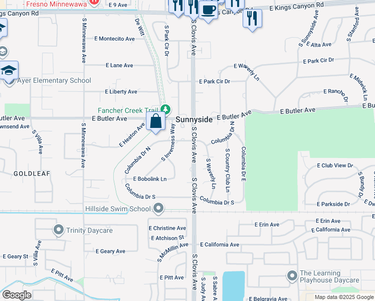 map of restaurants, bars, coffee shops, grocery stores, and more near 1680 South Waverly Lane in Fresno