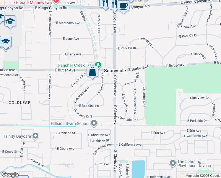 map of restaurants, bars, coffee shops, grocery stores, and more near 1680 South Waverly Lane in Fresno