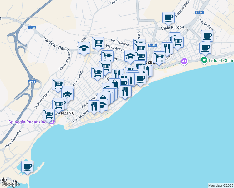 map of restaurants, bars, coffee shops, grocery stores, and more near 51 Via Archimede in Pozzallo