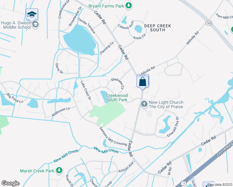 map of restaurants, bars, coffee shops, grocery stores, and more near 501 Shelview Circle in Chesapeake