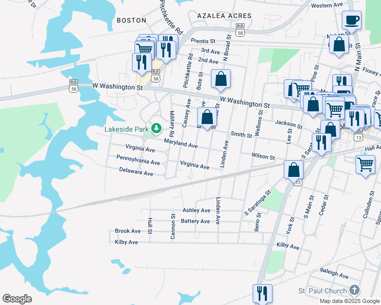 map of restaurants, bars, coffee shops, grocery stores, and more near 305 Bosley Avenue in Suffolk