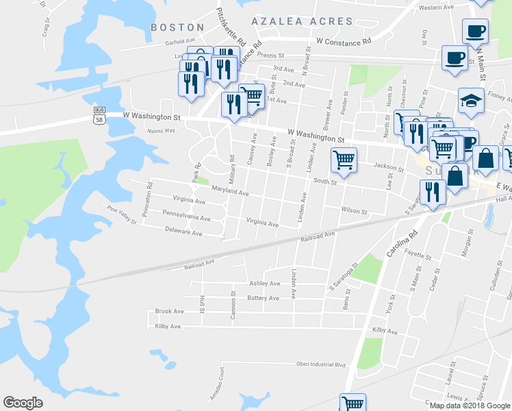 map of restaurants, bars, coffee shops, grocery stores, and more near 305 Bosley Avenue in Suffolk