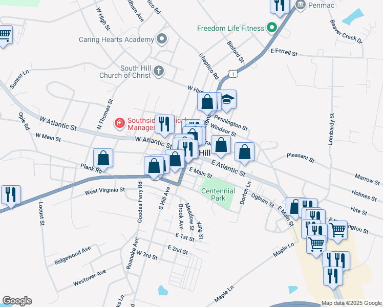 map of restaurants, bars, coffee shops, grocery stores, and more near in South Hill