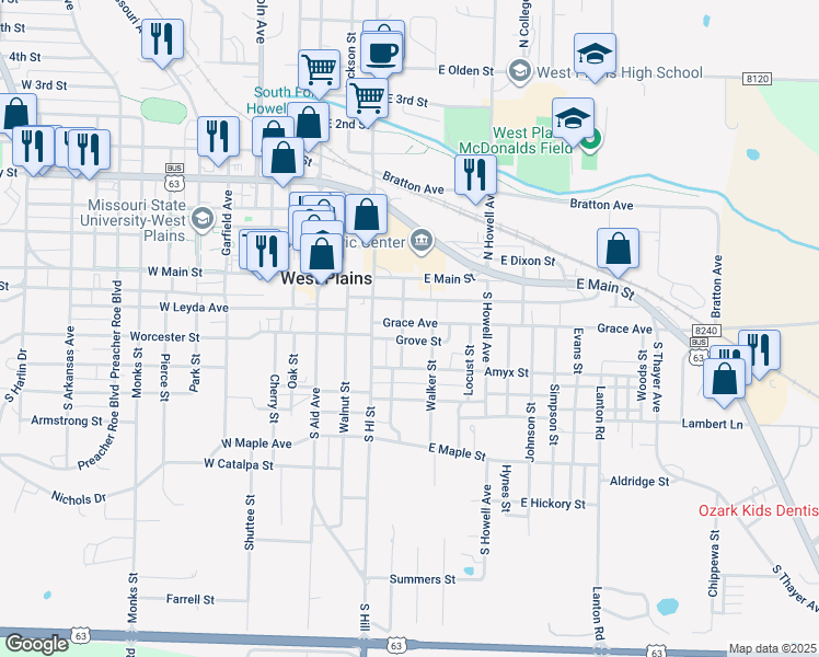 map of restaurants, bars, coffee shops, grocery stores, and more near 300-398 Grove Street in West Plains