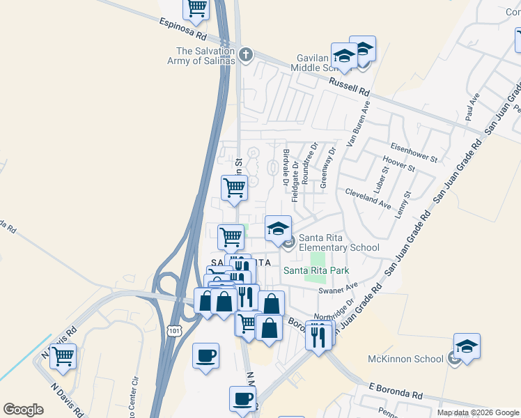 map of restaurants, bars, coffee shops, grocery stores, and more near 2175 Perez Street in Salinas