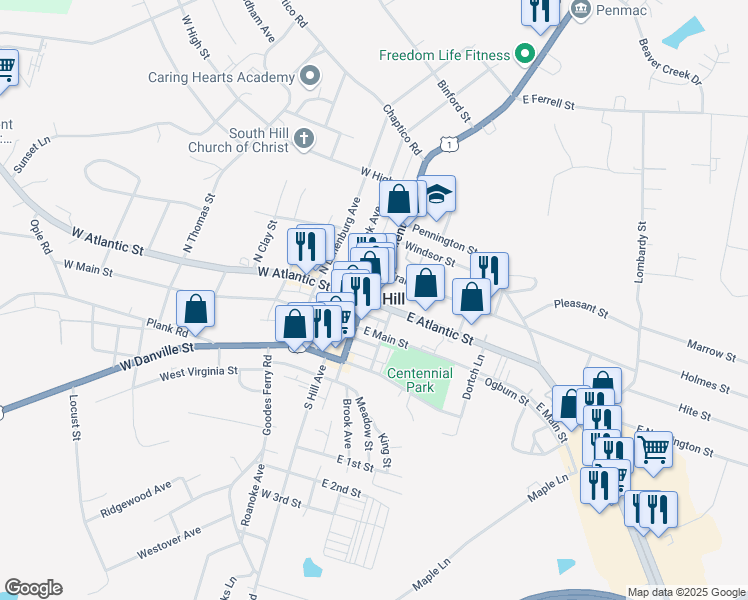 map of restaurants, bars, coffee shops, grocery stores, and more near 102 North Mecklenburg Avenue in South Hill