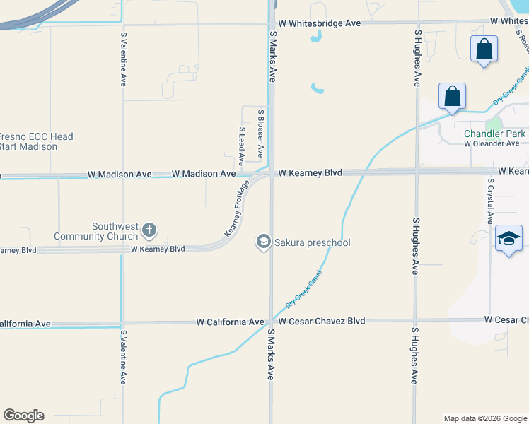 map of restaurants, bars, coffee shops, grocery stores, and more near 3163 West Kearney Boulevard in Fresno