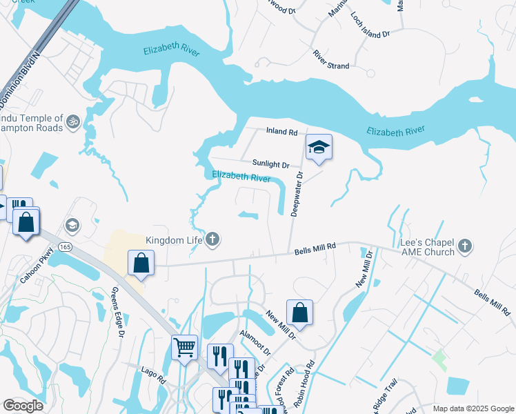 map of restaurants, bars, coffee shops, grocery stores, and more near 713 Falls Creek Court in Chesapeake