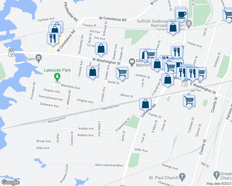 map of restaurants, bars, coffee shops, grocery stores, and more near 542 Wilson Street in Suffolk