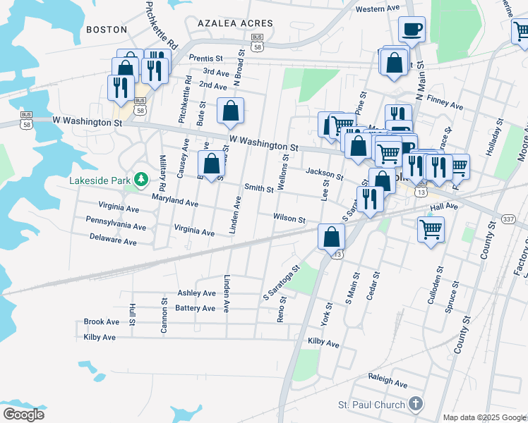 map of restaurants, bars, coffee shops, grocery stores, and more near 542 Wilson Street in Suffolk
