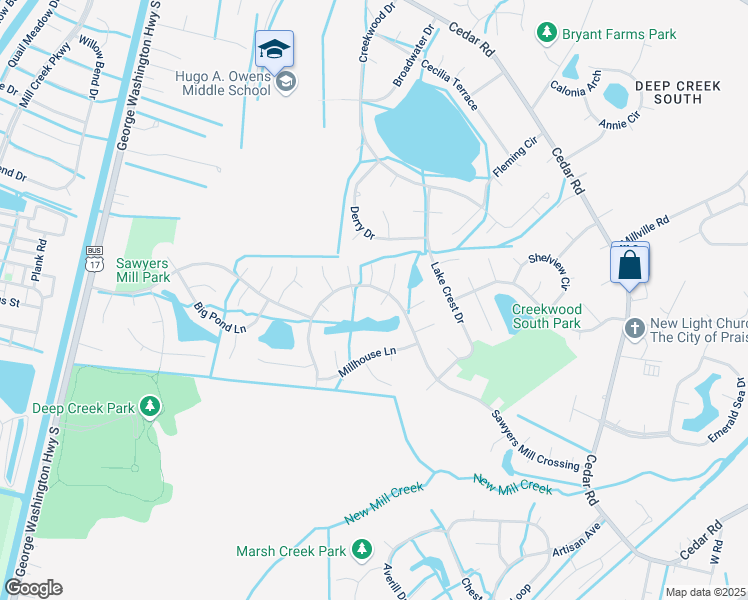 map of restaurants, bars, coffee shops, grocery stores, and more near 304 Blackgum Court in Chesapeake