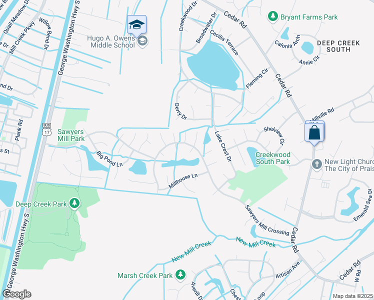 map of restaurants, bars, coffee shops, grocery stores, and more near 304 Blackgum Court in Chesapeake