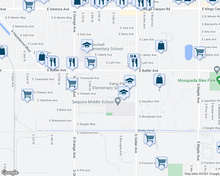 map of restaurants, bars, coffee shops, grocery stores, and more near 3926 East Heaton Avenue in Fresno