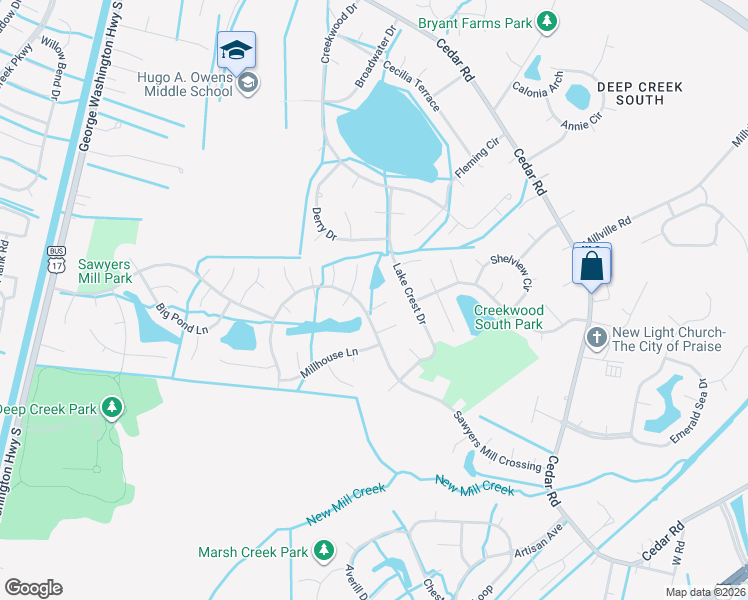 map of restaurants, bars, coffee shops, grocery stores, and more near 2809 Scaleboard Circle in Chesapeake