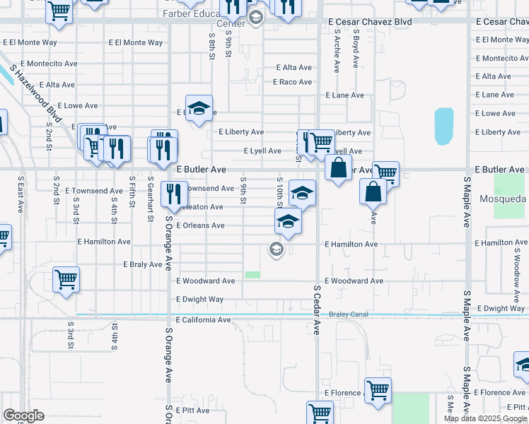 map of restaurants, bars, coffee shops, grocery stores, and more near 3931 East Orleans Avenue in Fresno