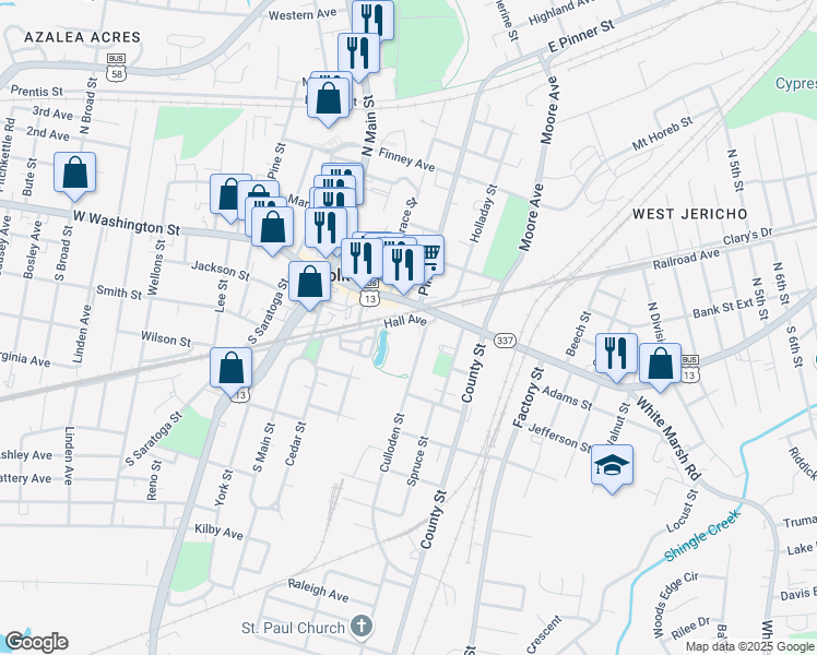 map of restaurants, bars, coffee shops, grocery stores, and more near 135 Hall Avenue in Suffolk