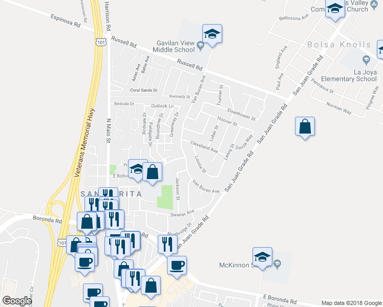 map of restaurants, bars, coffee shops, grocery stores, and more near 13140 Louise Street in Salinas