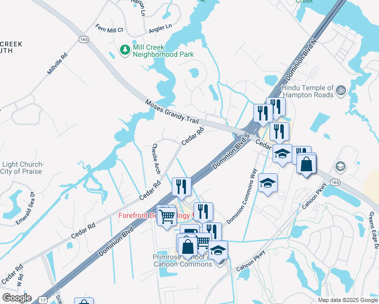 map of restaurants, bars, coffee shops, grocery stores, and more near 1815 Cedar Road in Chesapeake