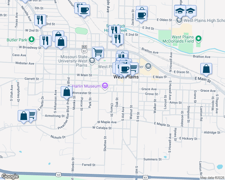 map of restaurants, bars, coffee shops, grocery stores, and more near 300-440 Cherry St in West Plains