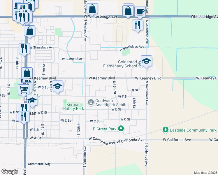 map of restaurants, bars, coffee shops, grocery stores, and more near 14325 West Palm Avenue in Kerman