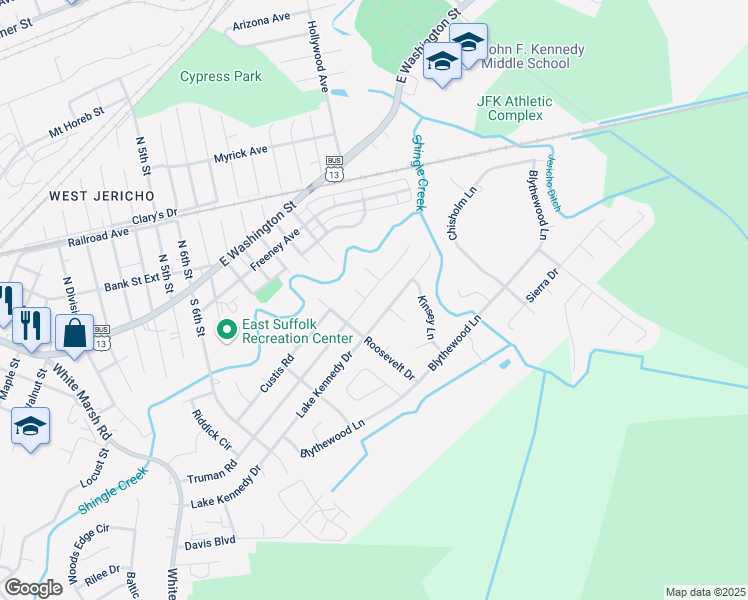 map of restaurants, bars, coffee shops, grocery stores, and more near 1205 Kennedy Drive in Suffolk