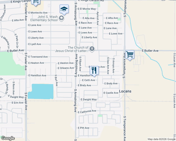 map of restaurants, bars, coffee shops, grocery stores, and more near 6571 East Harwood Avenue in Fresno