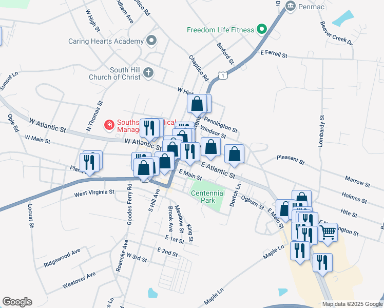 map of restaurants, bars, coffee shops, grocery stores, and more near 207 East Atlantic Street in South Hill