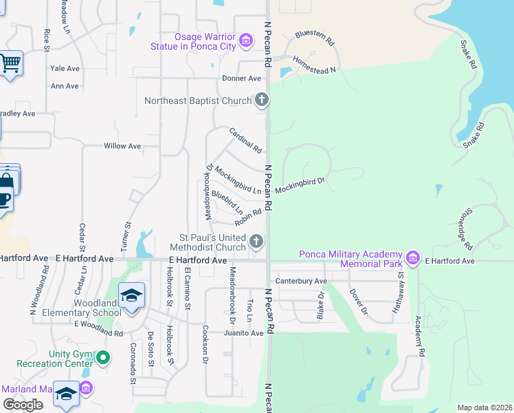 map of restaurants, bars, coffee shops, grocery stores, and more near 2506 Robin Road in Ponca City