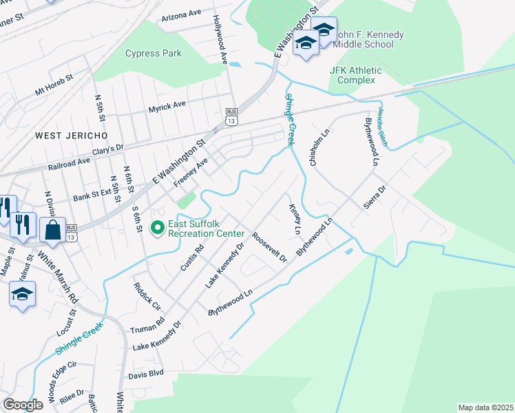 map of restaurants, bars, coffee shops, grocery stores, and more near 1211 Truman Road in Suffolk