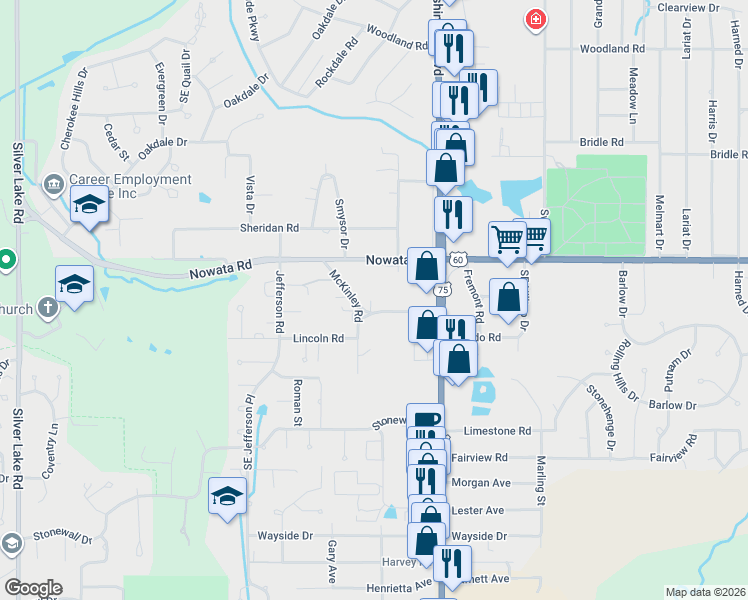 map of restaurants, bars, coffee shops, grocery stores, and more near 3514 Lincoln Road in Bartlesville