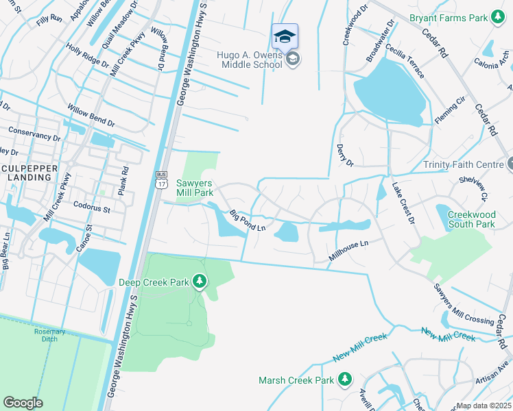 map of restaurants, bars, coffee shops, grocery stores, and more near 324 Big Pond Lane in Chesapeake