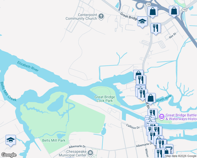 map of restaurants, bars, coffee shops, grocery stores, and more near 125 Tranquility Trace in Chesapeake