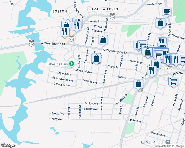 map of restaurants, bars, coffee shops, grocery stores, and more near 605 Maryland Avenue in Suffolk