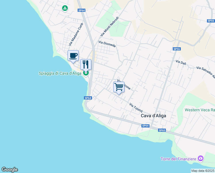 map of restaurants, bars, coffee shops, grocery stores, and more near 161 Via Tolstoj in Cava D'aliga