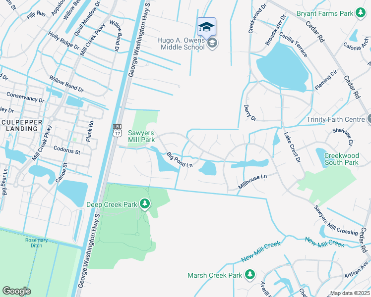map of restaurants, bars, coffee shops, grocery stores, and more near 324 Big Pond Lane in Chesapeake
