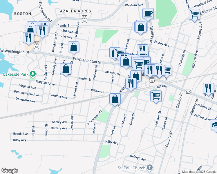 map of restaurants, bars, coffee shops, grocery stores, and more near 413 Wilson Street in Suffolk